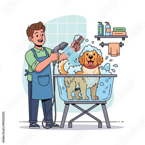 Man Washing Dog in Bathtub with Shower.