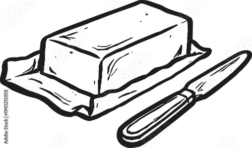 Hand-drawn illustration of a butter stick with a knife, ready for spreading