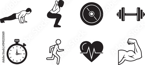 A set of vector line art silhouettes depicting various fitness and exercise icons in black