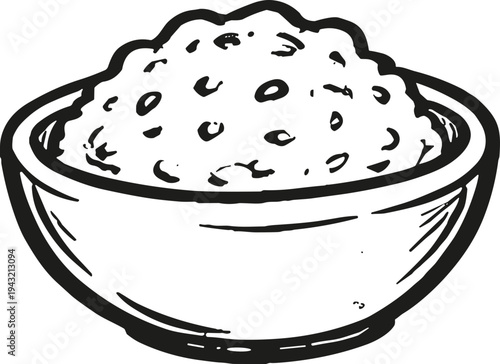 Hand drawn illustration of a bowl filled with fluffy white rice, a simple and healthy staple food