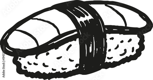 Hand drawn sketch of a delicious salmon nigiri sushi roll on a white background