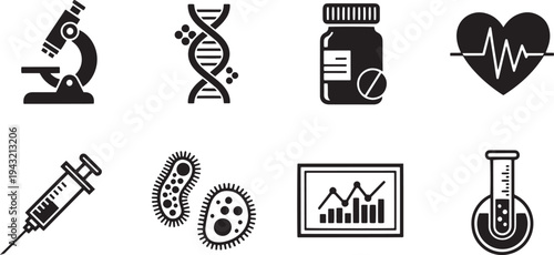 A set of vector line art silhouettes depicting medical and scientific symbols and icons in black.