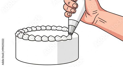 Hand Decorating White Cake with Icing.