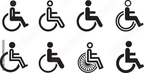 A set of vector line art silhouettes depicting people in wheelchairs from various angles and positions