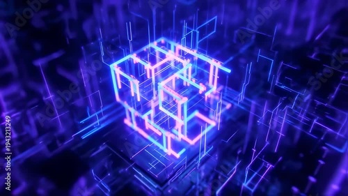 Abstract Neon Cube Structure Digital Art.