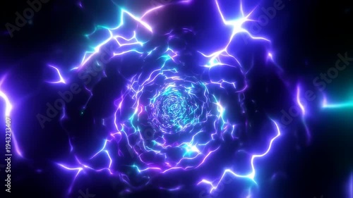Abstract Neon Light Tunnel with Electric Energy and Glowing Particles.