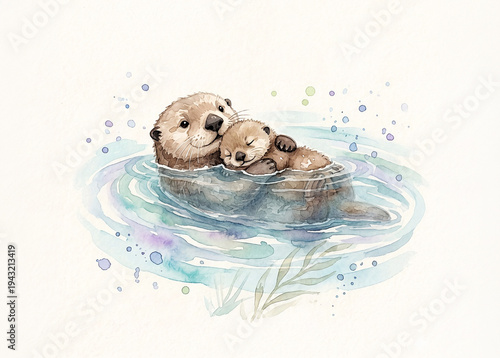 Sea otter mom with a baby resting on its belly, watercolor illustration.