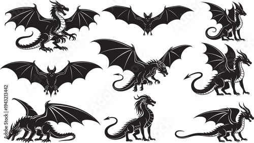 Black silhouette collection of fantasy dragons with wings spread fierce poses sitting flying roaring, mythical creatures set, vector illustration for tattoo game fantasy decor design