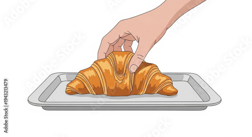 Hand holding croissant on baking tray.