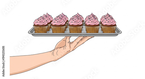 Hand holding tray of cupcakes.