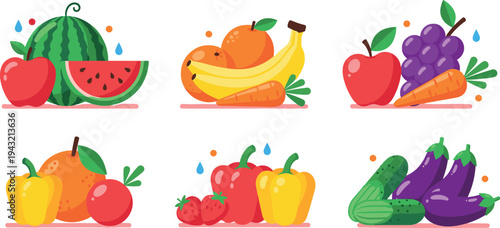 Fresh fruits and vegetables groups with apple banana orange grape carrot pepper cucumber eggplant healthy food vector illustration set