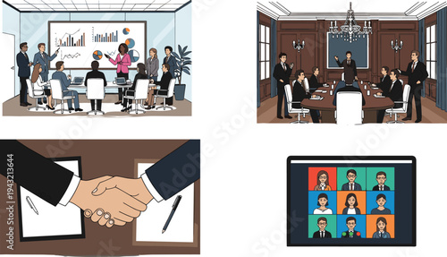 Business meeting and partnership office scenes with cad drawing flat vector illustration, featuring presentations, video calls, handshakes, and corporate teamwork.