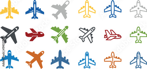 Colorful airplane icons set for travel and aviation concepts in various styles and directions