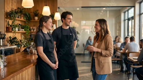 Smiling female customer talking to two happy cafe staff in aprons at a modern coffee shop