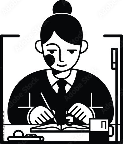 Woman studies diligently at desk with book and pencil in hand, wqe 733.