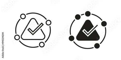 Minimal outline icon showing check mark in triangle with circular arrows process, symbolizing quality assurance, validation workflow, risk management and control systems.