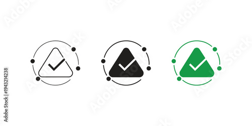 Minimal outline icon showing check mark in triangle with circular arrows process, symbolizing quality assurance, validation workflow, risk management and control systems.