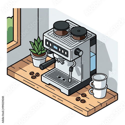 Espresso Machine on Wooden Counter Top.