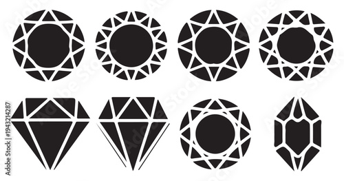 Round brilliant cut diamond silhouettes in solid black. vector illustration eps 10
