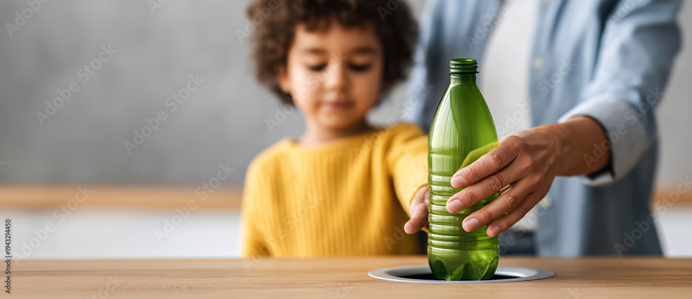 custom made wallpaper toronto digitalfather teaches his son the proper disposal of plastic waste, a concept for separate collection and recycling of trash and waste, copy space for text