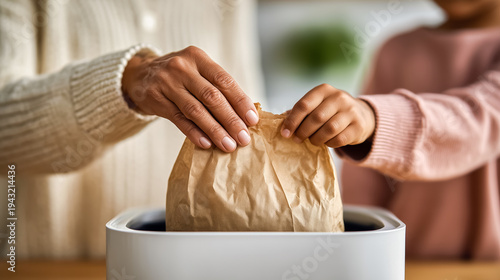Wallpaper Mural close-up of the hands of an adult woman and her young daughter throwing a crumpled paper bag into a trash can, a concept for teaching waste separation for recycling and environmental protection Torontodigital.ca