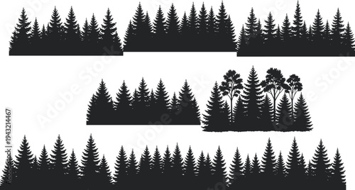Black silhouette coniferous forest tree line, pine fir spruce evergreen trees vector illustration set for nature landscape design and seamless background