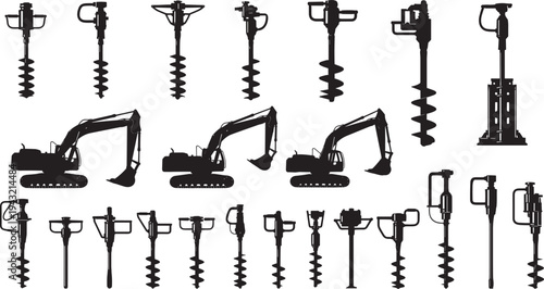 Black Silhouette Icons Set of Earth Augers, Post Hole Diggers, Excavators, Hydraulic Breakers, Pile Drivers and Construction Drilling Machinery Vector Illustration