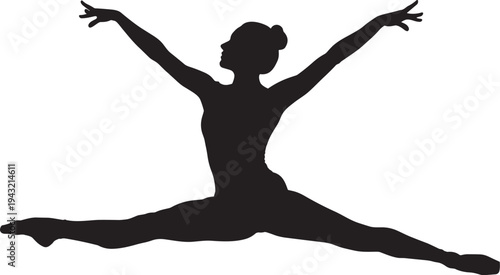 Black silhouette of a graceful female ballet dancer performing a split jump with extended arms isolated on a white background, vector illustration