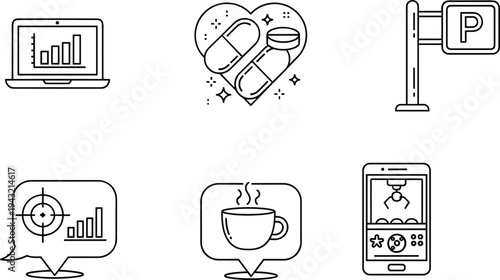 Vector line icon set featuring laptop with bar chart medical pills in heart parking sign coffee cup speech bubble and mobile game