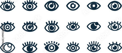 Collection of diverse eye icons in various styles and expressions for design use