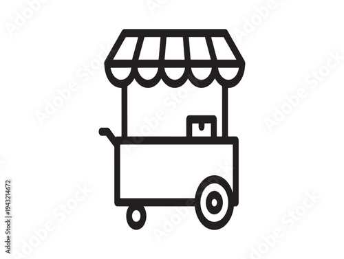 Simple black and white illustration of a food cart with awning