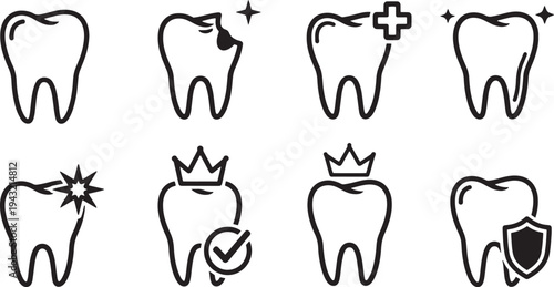 A set of vector line art tooth silhouettes with various dental symbols and icons for healthcare illustrations