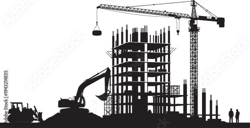 Black silhouette of construction site scene with tower crane lifting load, excavator digging, building under construction, workers and machinery vector illustration