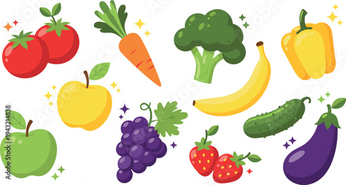 Fresh fruits and vegetables set with tomato apple banana grape strawberry carrot broccoli cucumber eggplant vector illustration collection