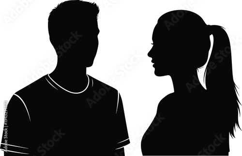 Vector silhouette illustration of a man and a woman in profile facing each other isolated on white background for social media icons