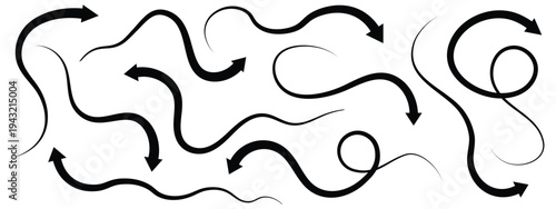 Various black brush drawn curved arrows. Collection doodle marker thick arrows in different directions.,Black pencil arrow, Grunge rough direction shape for design. Vector brush strokes