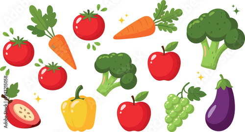 Fresh vegetables and fruits collection with tomato carrot broccoli apple grape pepper eggplant healthy food vector illustration set