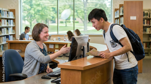 Young adult checking out book from librarian at desk in library