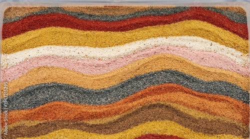 Colorful layers of assorted organic spices and herbs.