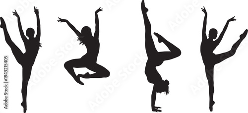Black silhouette of graceful female gymnasts and ballet dancers performing athletic poses, artistic rhythmic movements, and elegant acrobatic stunts isolated on white background