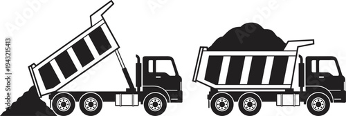 Black silhouette of dump trucks unloading soil and gravel, one tipping bed dumping pile, heavy construction vehicle, vector illustration for industry mining transport design