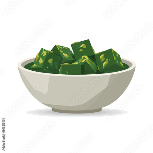 Saag Paneer, modern 2D flat vector illustration in icon style, isolated on pure white background.