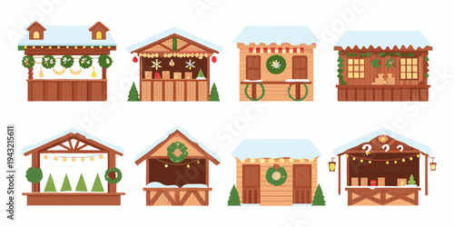 Charming christmas market stalls illustration with festive decorations and snow