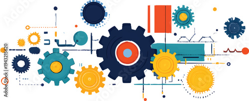 An educational concept with gears, icons for connection and magnification