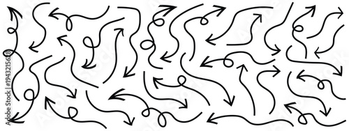 Various black brush drawn curved arrows. Collection doodle marker thick arrows in different directions.,Black pencil arrow, Grunge rough direction shape for design. Vector brush strokes