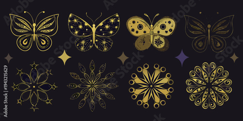 Golden butterflies and floral designs on a dark starry background