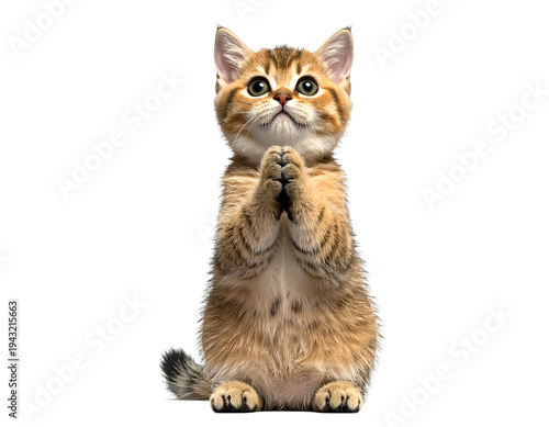 Adorable golden tabby kitten with pleading eyes, paws clasped in prayer pose