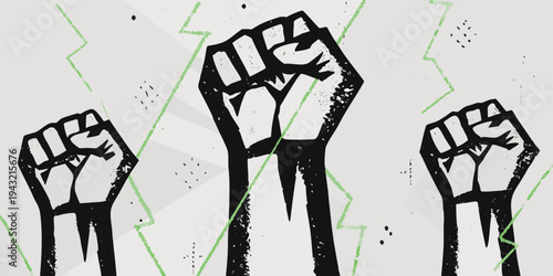 Three raised fists symbolizing solidarity and resistance against a stark background
