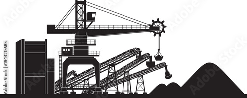 Black silhouette of industrial mining quarry with conveyor belts, bucket wheel excavator, overhead crane loading, ore piles and processing plant vector illustration