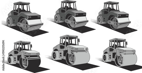 Six black and white of road rollers on a black surface with motion lines construction vehicle